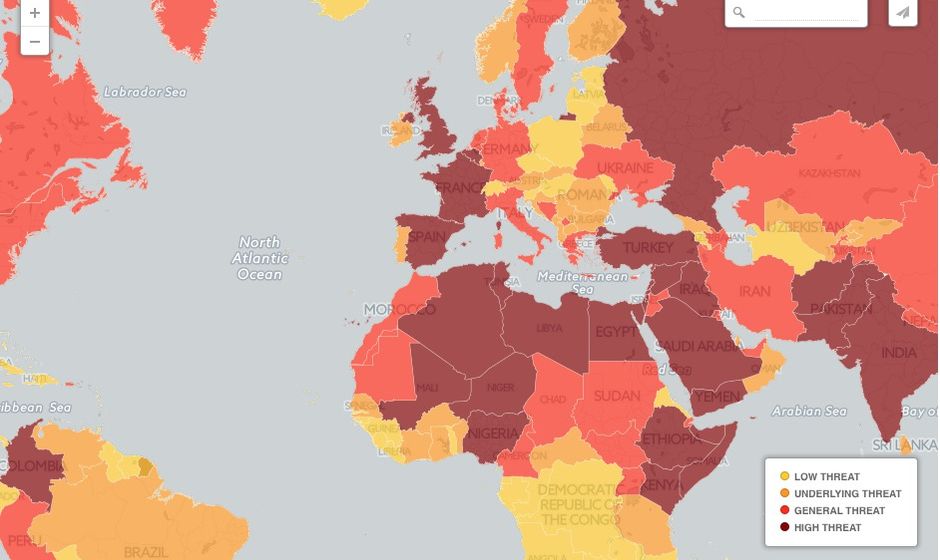 Telegraph Travel Map showing Morocco is at lower threat level than the UK